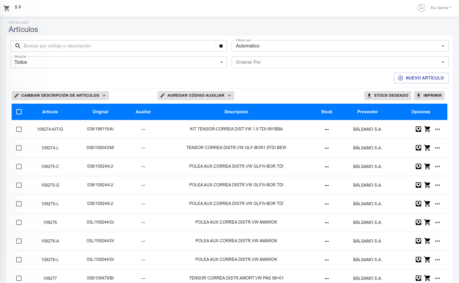 Screenshot de la página de Artículos en Boxer