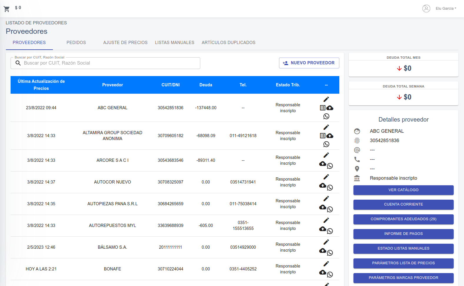 Screenshot de la página de Proveedores en Boxer