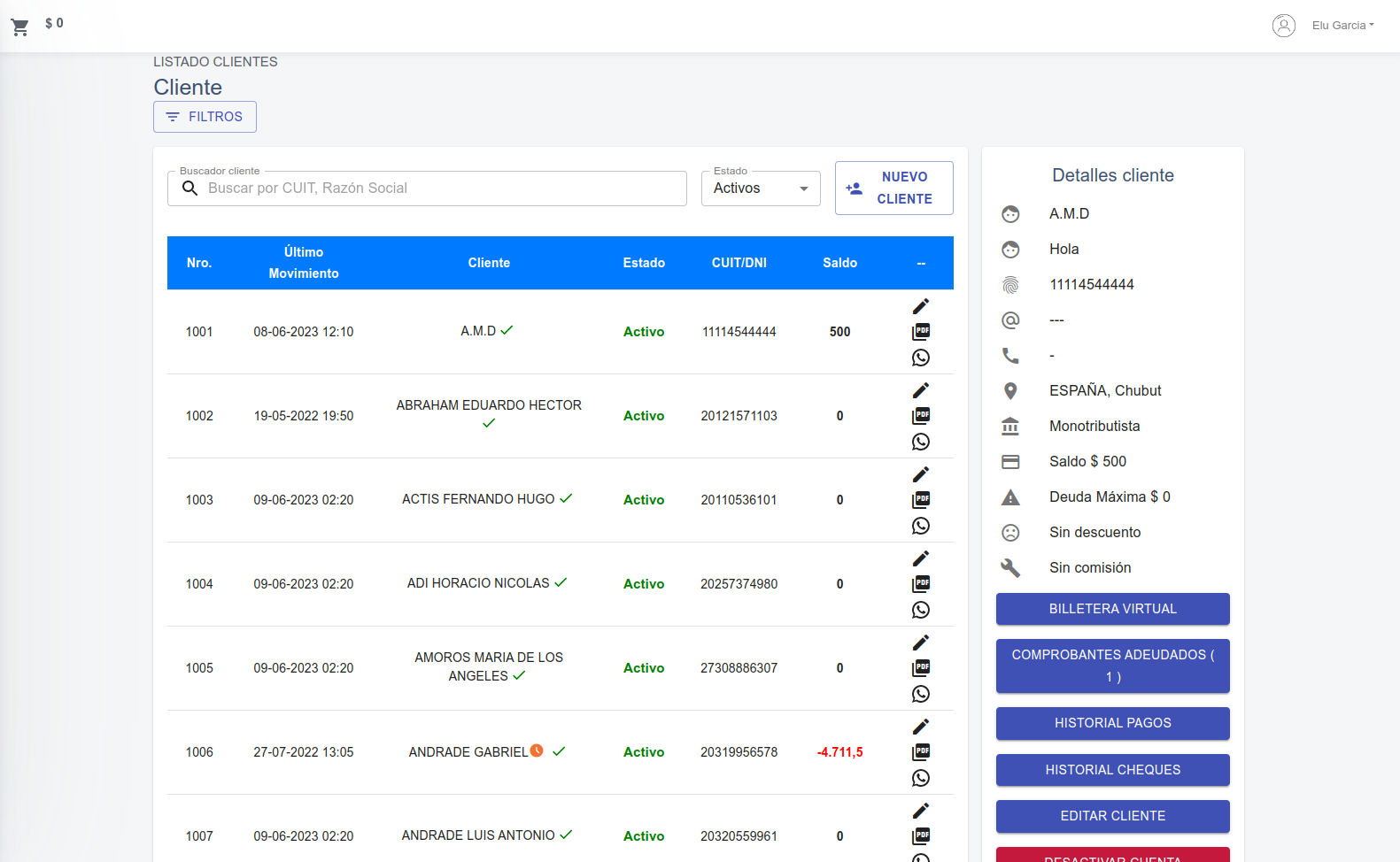 Screenshot de la página de Clientes en Boxer